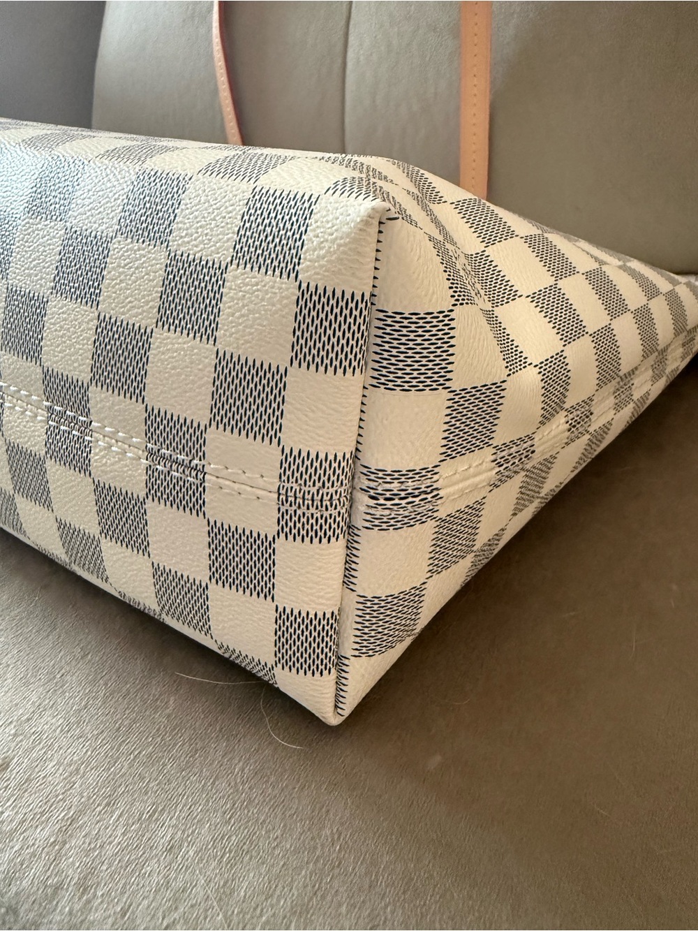 Cream and Gray Damier Azur Canvas Tote with Natural Leather Trim - Picture 4 of 13